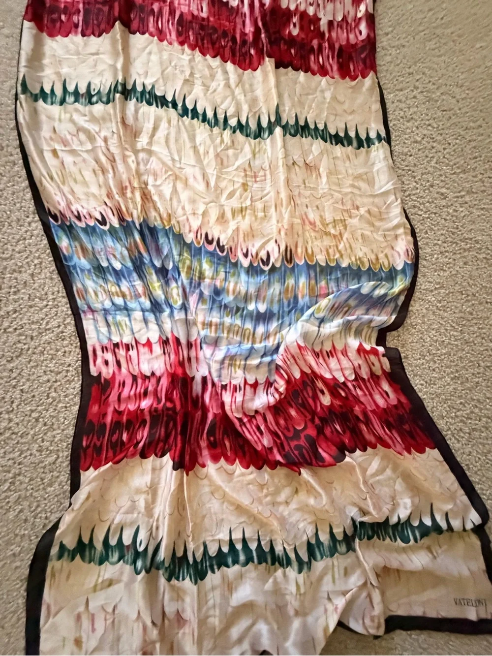 VATELONI Feather Print Silk Scarf in Red, Blue, Green, Cream
